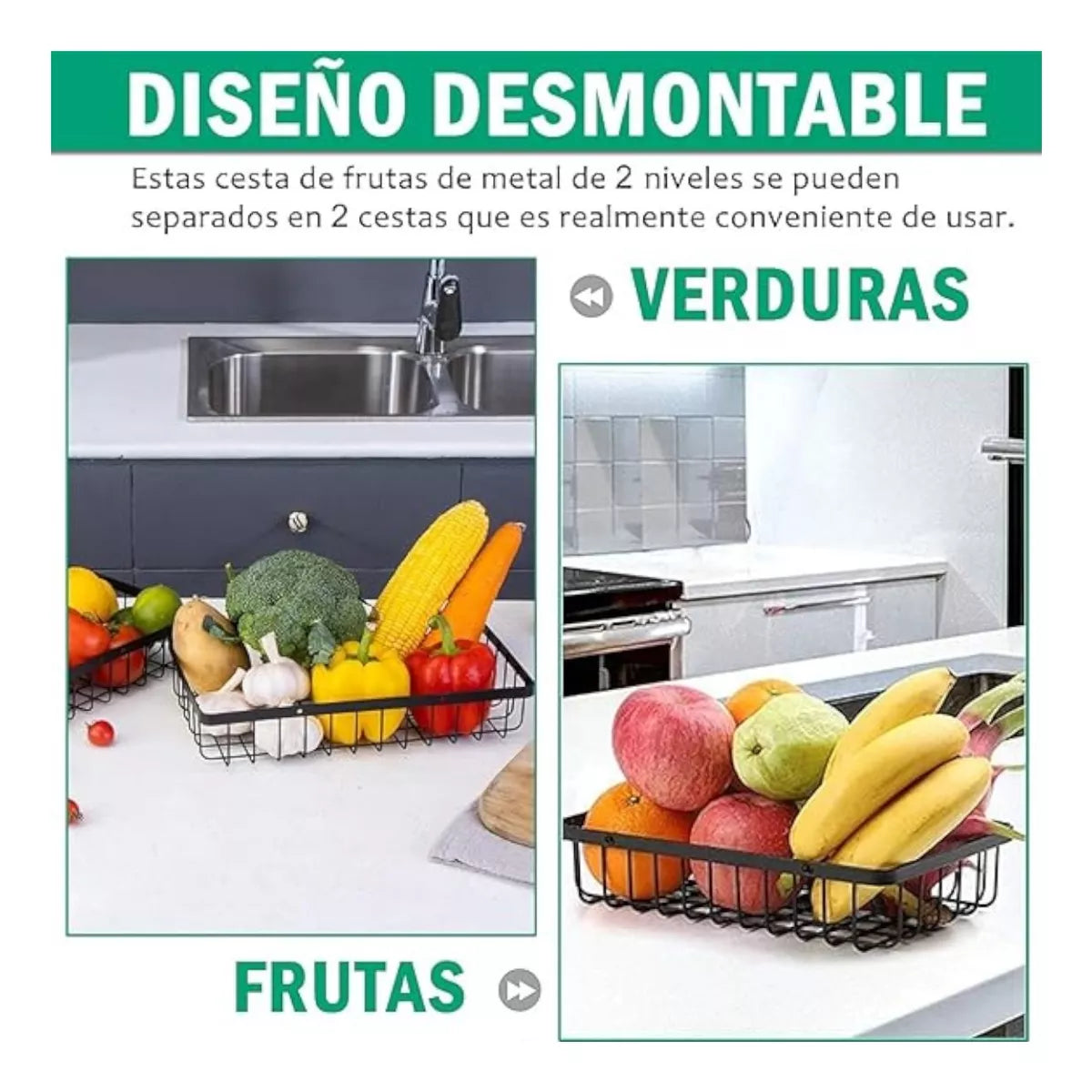 Cesta Metálica de 2 Niveles con Mango de Madera